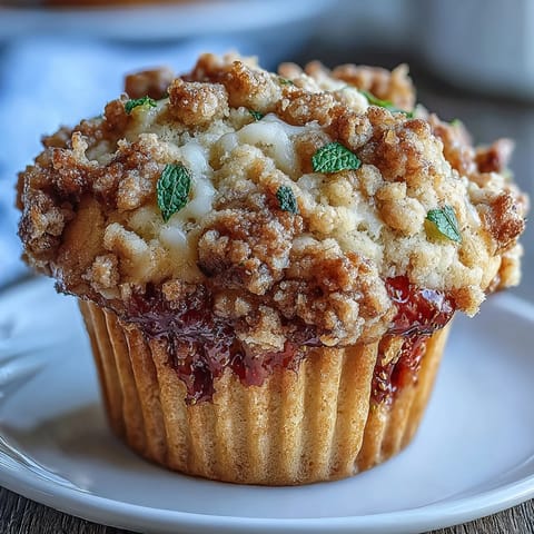 Fluffy muffins bursting with juicy strawberries and a crunchy golden crumble topping, perfect for breakfast or brunch.