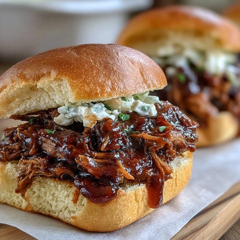 Slow cooker BBQ pulled pork sliders with tangy coleslaw, ideal for baby showers and casual gatherings.