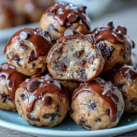 High-protein cookie dough bites made with oats, almond butter, and chocolate chips for a healthy, no-bake snack.  