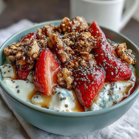 Creamy cottage cheese breakfast bowl topped with fresh strawberries and crunchy granola for a protein-packed morning treat.