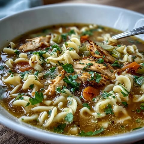 Creamy Chicken Run One-Pot Chicken Noodle Soup with tender chicken, hearty veggies, and egg noodles in a savory broth.  