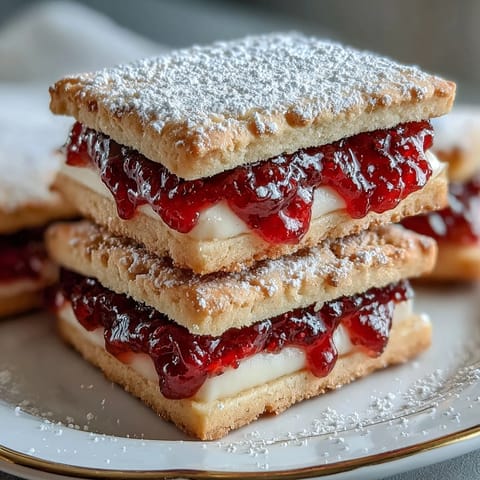 Clotted cream shortbread sandwich cookies with raspberry filling, stacked on a vintage plate, perfect for an elegant afternoon tea.