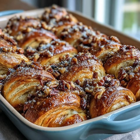 Warm croissant French toast casserole with juicy berries, drizzled with maple syrup.  