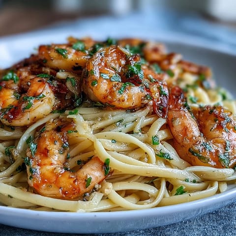 Vibrant lemon garlic shrimp pasta with juicy shrimp and fresh parsley, perfect for a spring dinner party.