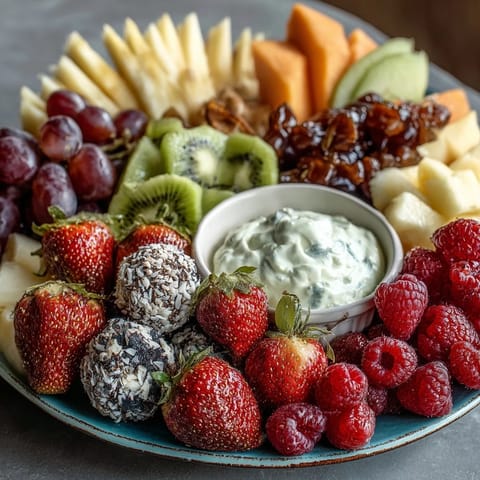 Baby in Bloom Fruit Platter with Yogurt Dip: A colorful fruit arrangement in floral shapes, paired with a creamy honey-yogurt dip for a fresh, healthy snack.