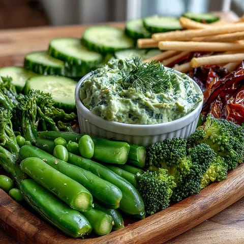 Fresh green snacks board with cucumber, snap peas, and avocado ranch dip for healthy entertaining.  