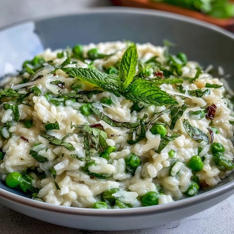 Creamy pea and mint risotto with Parmesan, a vibrant spring dish perfect for dinner parties.