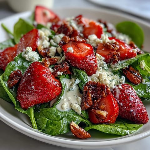 Fresh strawberry spinach salad with poppyseed dressing, bursting with sweet berries and creamy feta.  