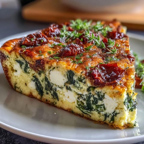 Fluffy spinach and feta frittata loaded with tangy sun-dried tomatoes and savory herbs, baked to golden perfection for a satisfying brunch.