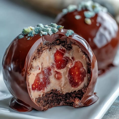 Elegant strawberry truffles with a dark chocolate shell, infused with rosewater and cardamom, topped with pistachios and rose petals.