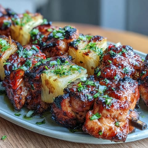 Grilled Pineapple Chicken Skewers with juicy marinated chicken and sweet caramelized pineapple chunks on skewers.