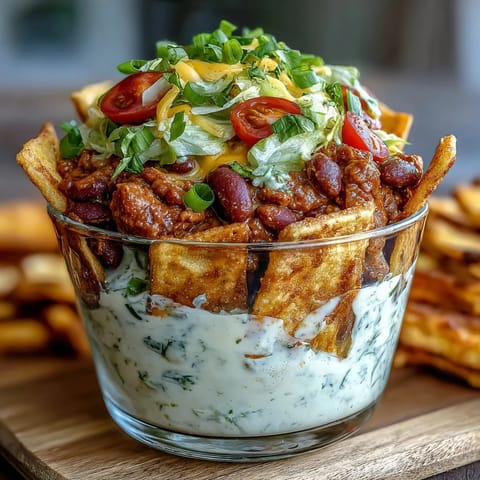 Individual taco dip cups layered with refried beans, creamy cheese mixture, lettuce, and tomatoes for a colorful party appetizer.  