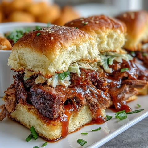 Smoky BBQ brisket piled high on soft slider buns, topped with tangy slaw for a flavorful bite at your party.