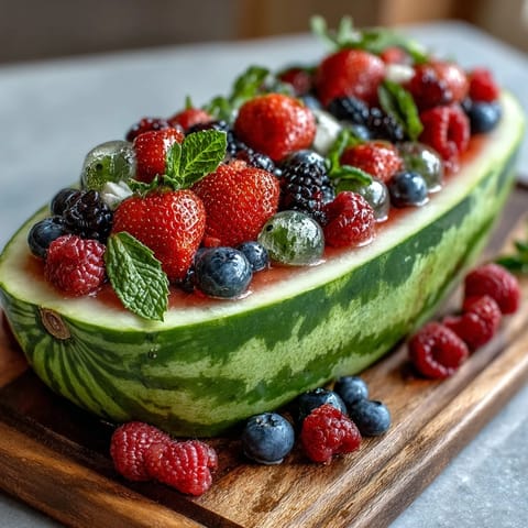 Vibrant watermelon carving board brimming with fresh berries, perfect for summer parties and healthy snacking.