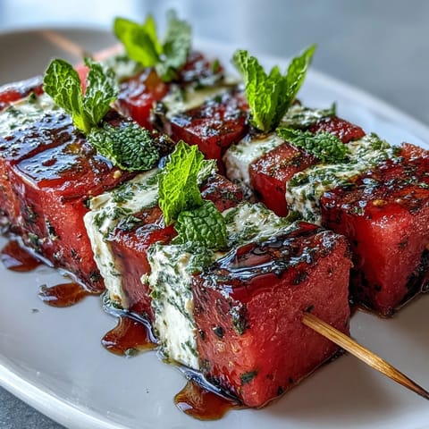 Juicy watermelon cubes, creamy feta, and fresh mint on skewers for a refreshing summer appetizer.  