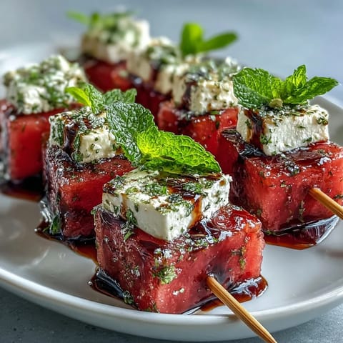 Colorful watermelon feta mint skewers drizzled with olive oil, perfect for light party snacks.  