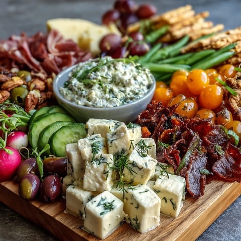 Colorful charcuterie board featuring prosciutto, cheeses, and vibrant spring vegetables alongside a creamy herb dip for dipping.