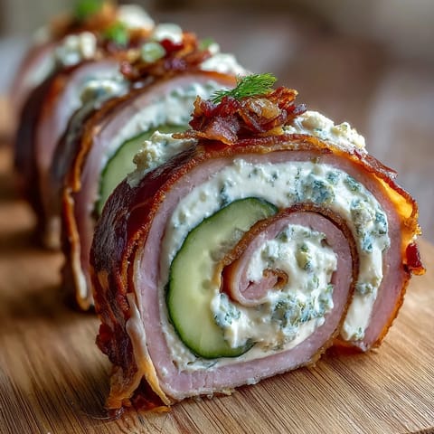 Ham, cream cheese, and pickle pinwheels arranged on a white platter, showcasing savory layers and tangy pickle centers.
