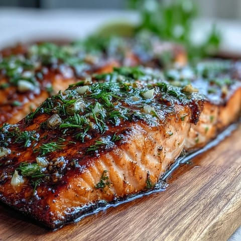 Cedar Plank Salmon with Garlic Dill, smoky and tender, grilled on aromatic cedar with fresh herbs and lemon zest.