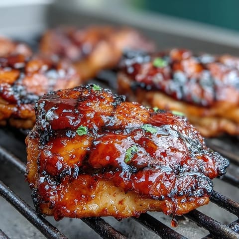 Honey sriracha grilled chicken thighs sizzling on the barbecue, glazed with a sticky, spicy-sweet sauce.