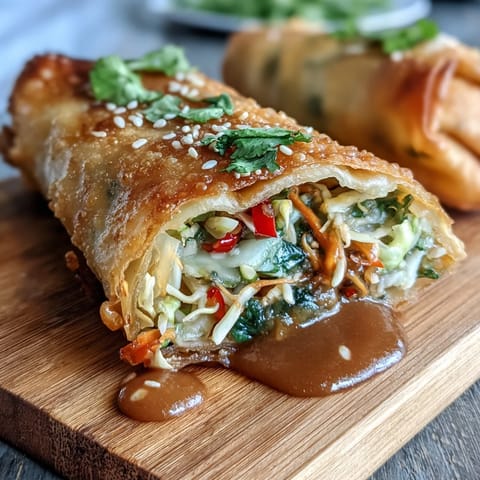 Golden crispy spring rolls piled high with peanut sauce for dipping.