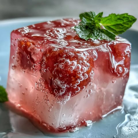 Translucent lychee jelly cubes float in effervescent yuzu-infused sparkling water, garnished with mint for a light Asian fusion treat.