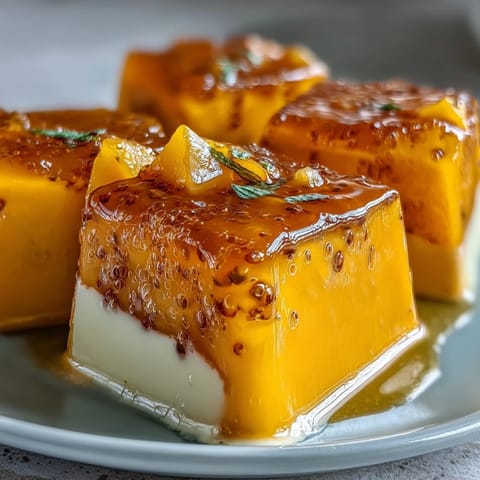 Vibrant mango agar-agar jelly cubes with creamy coconut milk, a vegan dessert perfect for hot summer days.