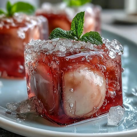 Delicate lychee agar jelly cubes glisten in sparkling yuzu water, offering a refreshing and elegant vegan dessert for summer.