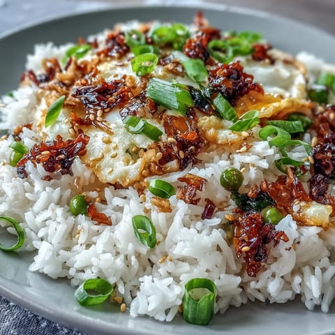 Fluffy Chili Crisp Egg Fried Rice glistens with scrambled eggs and vibrant scallions.