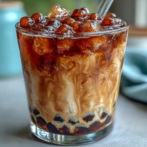Chewy brown sugar boba pearls swim in luscious syrup with creamy milk tea.