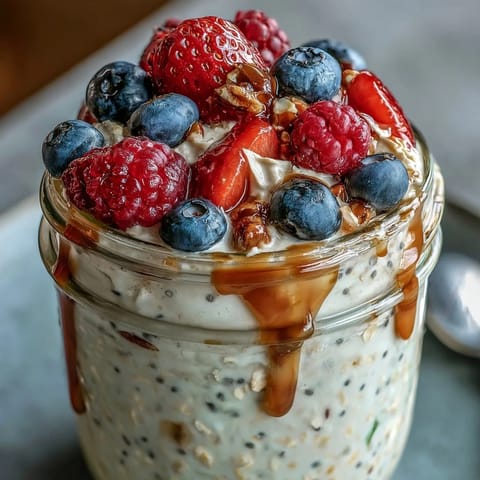 Thick, chilled High Fiber Overnight Oats layered with sweet, fresh berries.