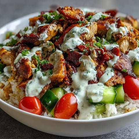 A colorful Middle Eastern Shawarma Bowl piled high with vibrant toppings.