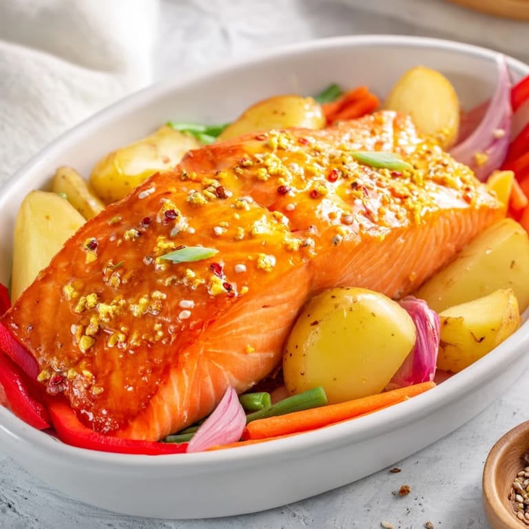 Flaky, oven-baked One-Tray Salmon, showcased alongside colorful vegetables and drizzled honey mustard.