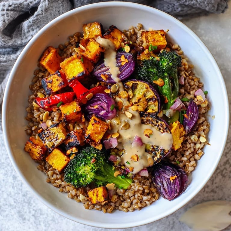 Warm Hearty Roasted Vegetable and Farro Bowl with nutty grains, savory roasted veggies, and fresh parsley garnish.