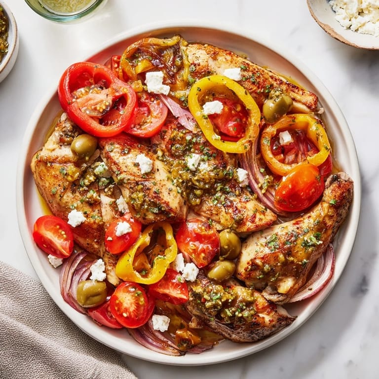 Roasted Easy Sheet Pan Greek Chicken, showcasing tender chicken thighs and colorful, caramelized vegetables on a sheet pan.