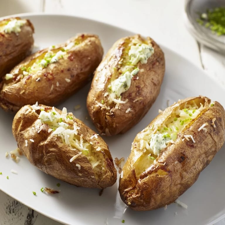 Golden air-fried crispy potato skins, a perfect appetizer, filled with cheese and bacon crumbles.