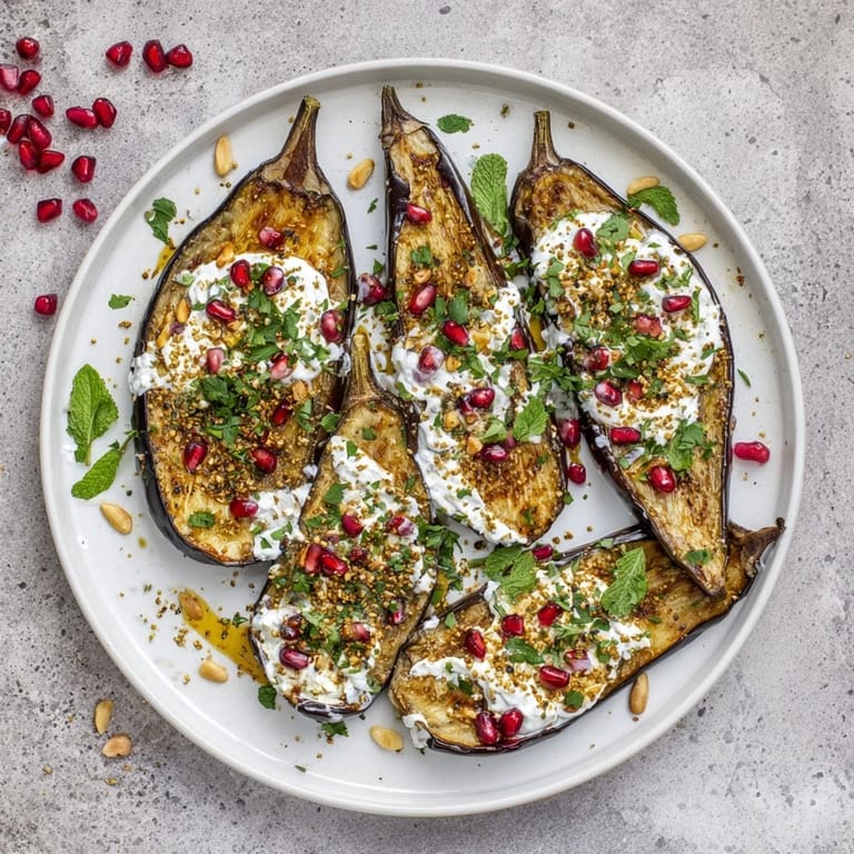 Savory roasted eggplant recipe with a swirl of cool yogurt, fresh herbs, and bright pomegranate jewels.