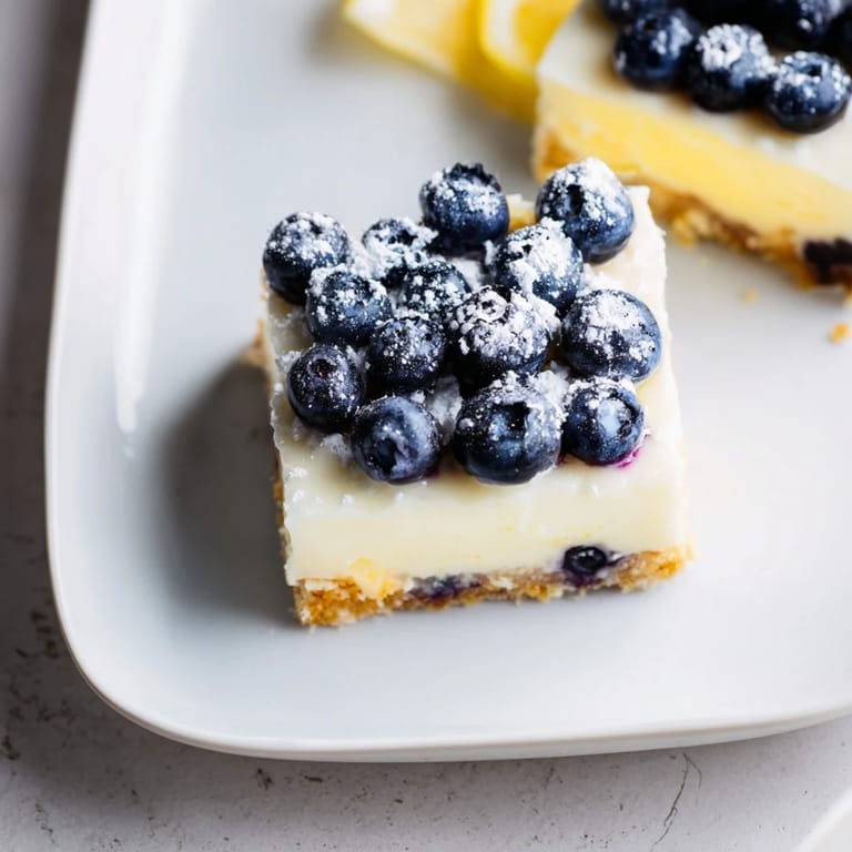 Imagine a close-up of the bright, sweet, tart Decadent Lemon Curd and Blueberry Squares, perfect for dessert.