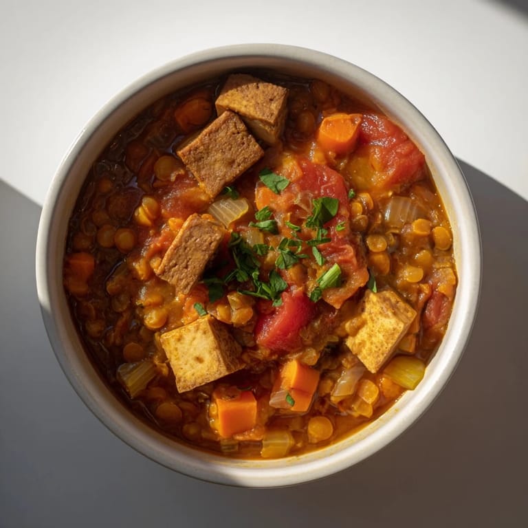 Close-up of a flavorful, hearty One-Pot Spicy Beef and Lentil Soup, perfect for a cozy dinner.