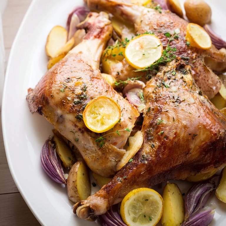 Tender one-dish baked chicken thighs with roasted potatoes; a complete Mediterranean comfort meal.