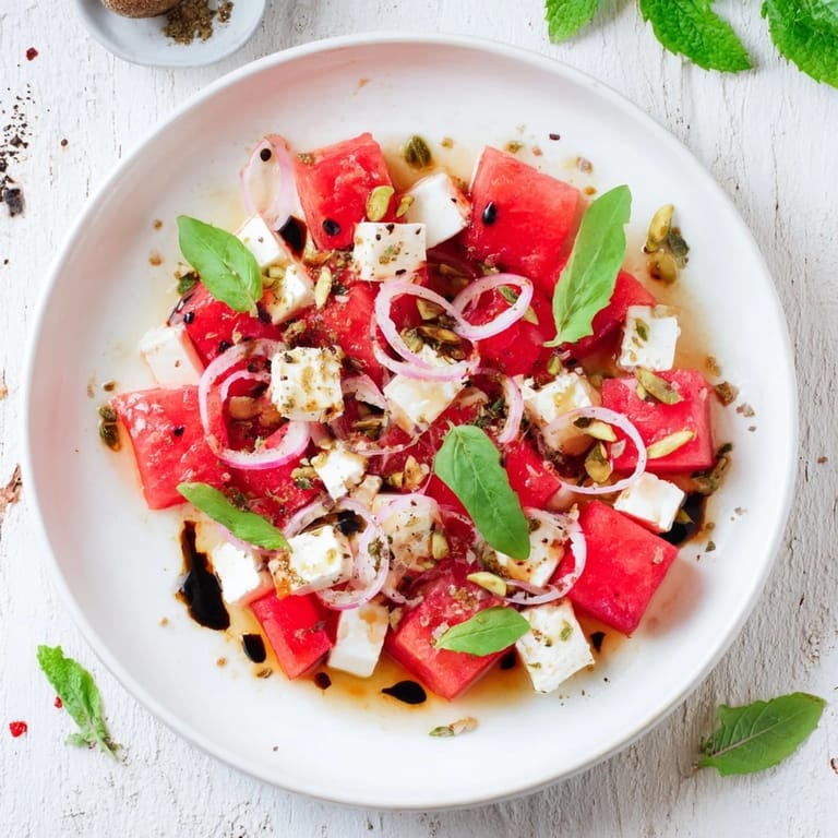 Refreshing Fresh Watermelon and Feta Salad topped with crumbled cheese and drizzled balsamic glaze, perfect for picnics.