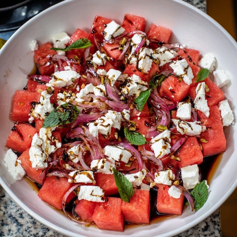 Plated Fresh Watermelon and Feta Salad: a close-up shows red watermelon with creamy feta and fresh mint.