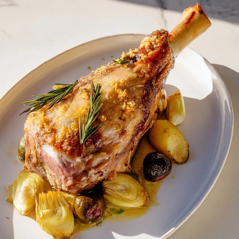 A flavorful Mediterranean feast; these slow-roasted lamb shanks are perfectly done with wine and herbs.