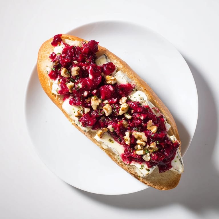 Close-up of Festive Holiday Cranberry and Brie Crostini with a sprinkle of herbs, ready to serve and enjoy.