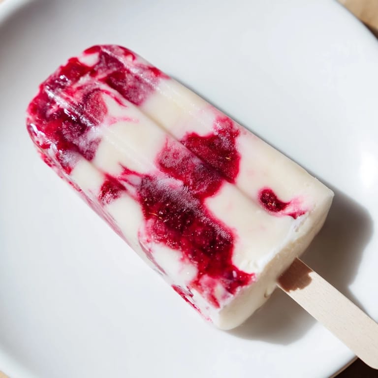 Homemade Raspberry Coconut Ice Pops: Perfectly frozen, showcasing red swirls of blended raspberries and coconut.