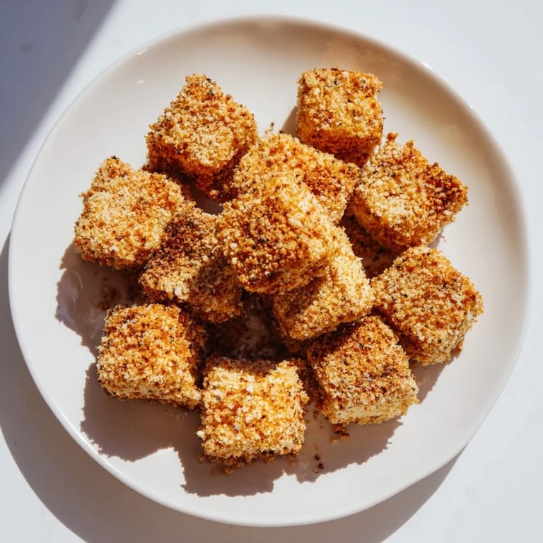 Crisp, plant-based popcorn tofu bites, coated in savory breading and baked to golden perfection for a satisfying snack.