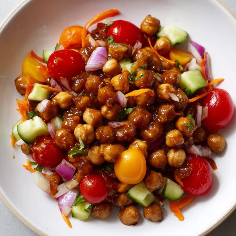 A colorful bowl of BBQ Chickpea Salad, featuring zesty sauce over beans and peppers.