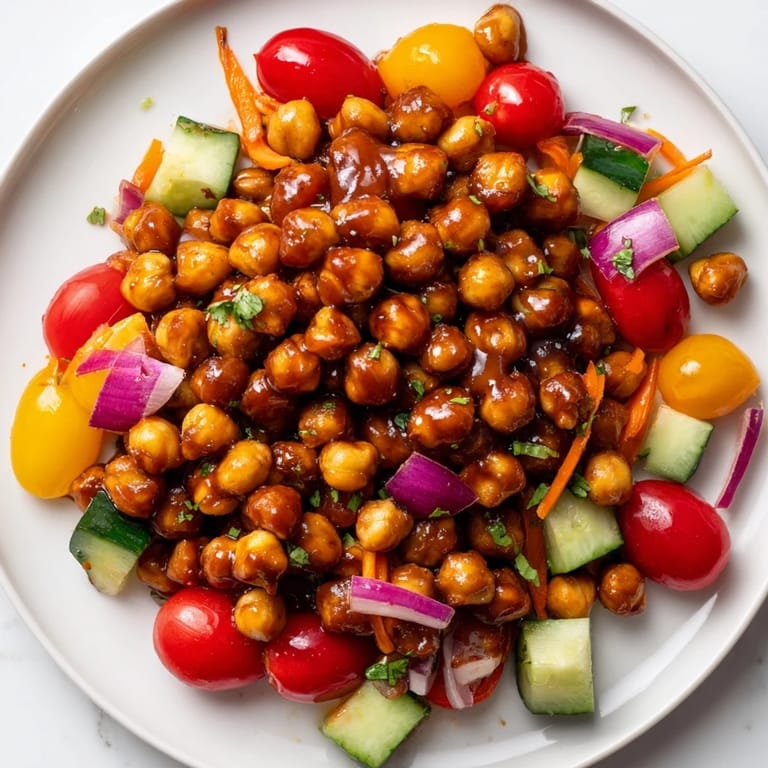Freshly prepared BBQ Chickpea Salad, a delicious vegan lunch with a savory, tangy dressing.