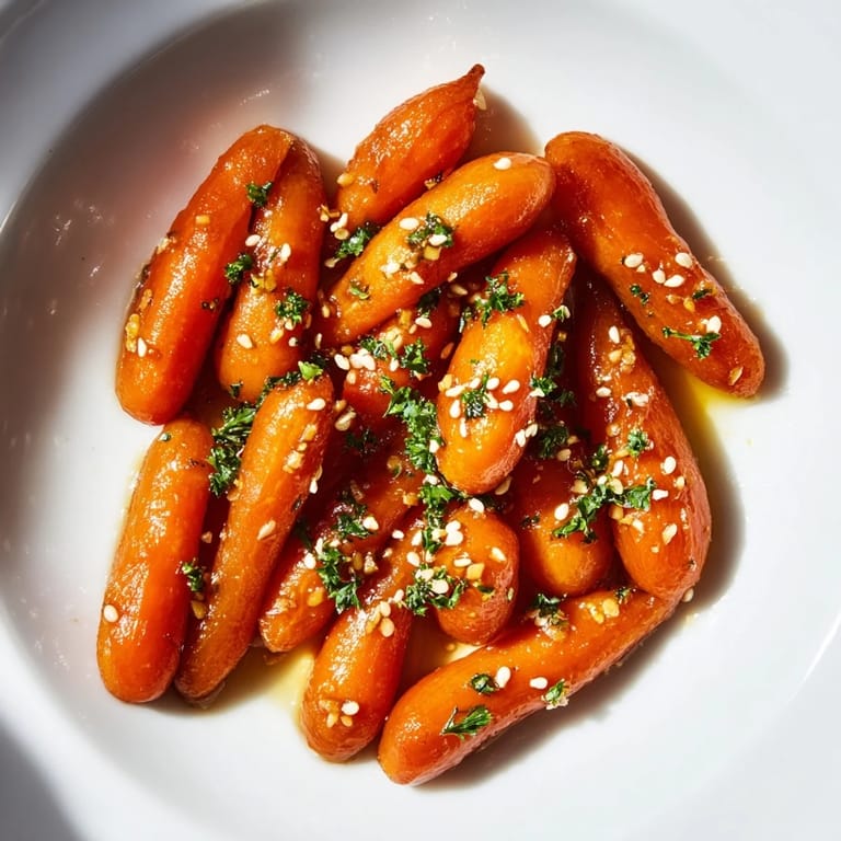 Close-up shows tender Honey Soy Roasted Carrots, a healthy and flavorful vegetarian side.