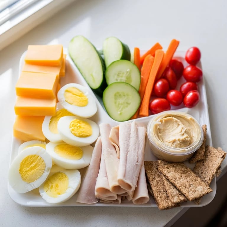 Vibrantly arranged Protein Snack Boxes featuring sliced chicken, cheese, hard-boiled eggs, and crisp vegetables.